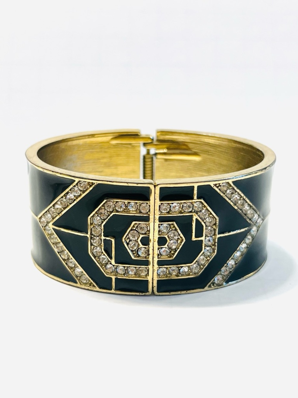 Gold-Tone Black Enamel Crystal Logo Hinged Bangle Bracelet